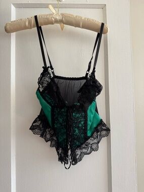 Emerald Green & Black Lace Satin Camisole Teddy